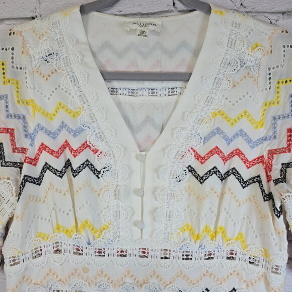 ANTHROPOLOGIE ALLISON NEW YORK DRESS MULTI CHEVRON EYELET LACE RUFFLES TIERED M - Picture 3 of 9